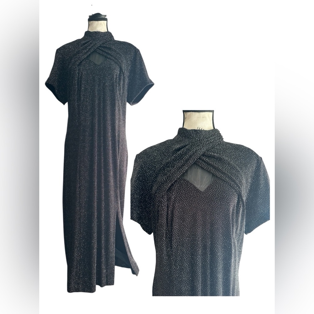 Vintage Night Way Black Sparkle Maxi Dress Keyhole Mesh Slit Y2K Evening Glam M - Picture 1 of 13